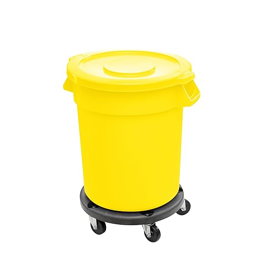 Feed and Seed Storage Container, 32 Gallon Yellow Round Commercial Trash Can with Lid and Dolly, Food Storage Plastic Bin, Use in Agricultural, Gardening, or Household