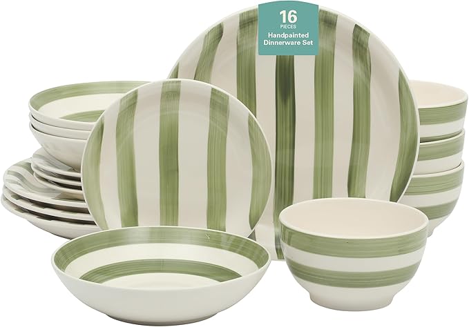 Gibson Home Kenwood Shores 16 Piece Dinnerware Set, Green Striped, Hand-Painted Stoneware, Plates and Bowls, Service for 4, Microwave & Dishwasher Safe