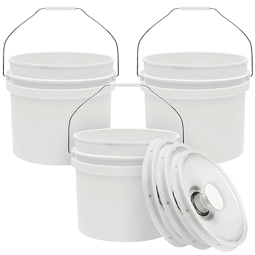 3.5-Gallon White Bucket Pail with Spout Lid, Metal Handles with Plastic Grip for Easy Carrying, Easy Stack and Store, Heavy-Duty Extra Durable, Food Grade, BPA Free - 3 Pack