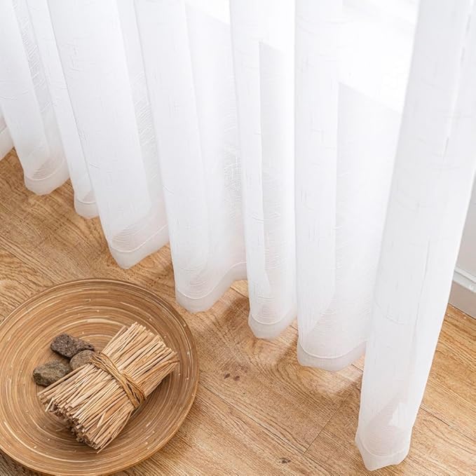 White Sheer Curtains 84 Inches Long 1 Panel, 50 Inch Width, Thin Textured Linen Look Sliding Glass Door Curtain, Rustic Elegant Window Treatments, Pinch Pleated Drapes for Living Room