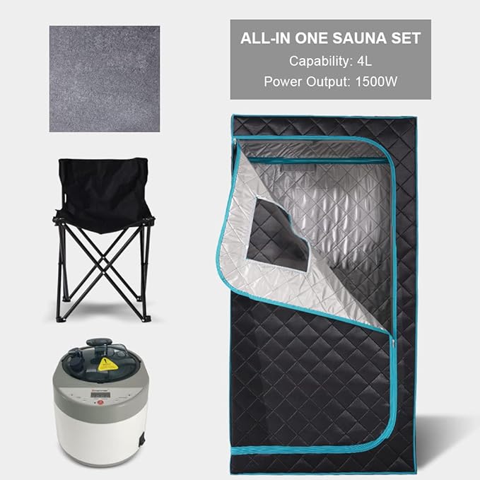 Smartmak Portable Home Steam Sauna, Full Size Personal Sauna Spa Box, Single Saunas Tent with Steamer, 4L 1500W Steam Generator 99 Min Timer, Remote Control, Upgraded Foldable Chair, Mat, Green Border