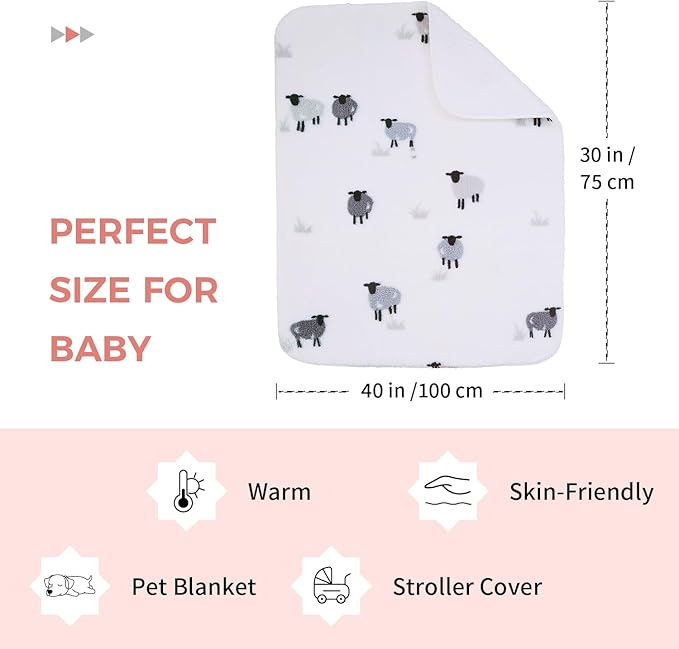 Soft Cozy Sherpa Fleece Baby Blankets Animal Pattern Fluffy Plush Receiving Blanket for Newborn Infant Toddler Thick Warm Crib Stroller Blanket for Boys Girls 30"x40" White Sheep