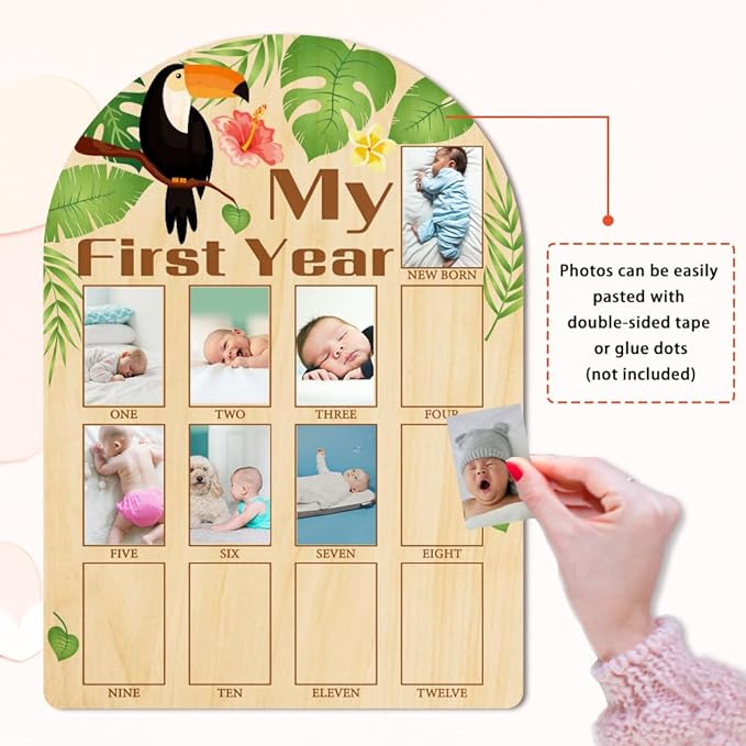 ORIGACH My First Year Baby Growth Photo Display Wood Board - 12 Months Newborn Milestones Photo Board - Neutral Baby Keepsake Board 1st Birthday Party Nursery Decor New Mom Gift - Toucan & Leaves
