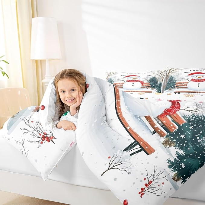 Feelyou Merry Christmas Comforter Set King Size Cute Snowman Bedding Set for Kids Boys Girls Snowflake Duvet Quilt Christmas Tree Bedroom Decor Microfiber 3 Pcs with 2 Pillow Cases