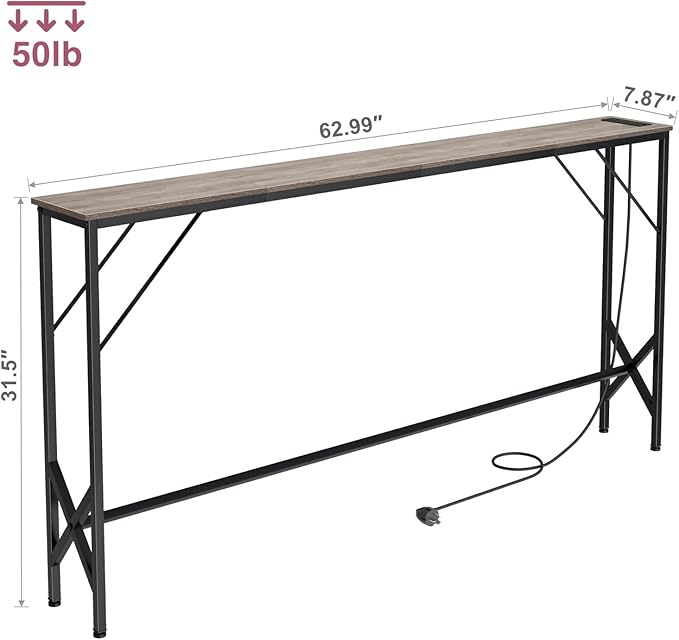 63'' Console Table, Skinny Entryway Table with Fast-Charging Station, Narrow Long Sofa Table, Behind Slim Couch Table for Entrance, Hallway, Living Room Decor ST-GY160-1