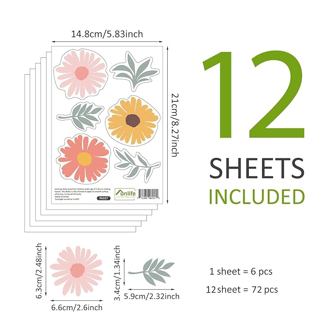 Daisy Wall Decals Boho Flower Wall Stickers 72 PCS for Girls Room Playroom Nursery, Removable Daisy Wall Decal Boho Peel and Stick Kids Room Decor Vinyl Murals DIY Decorations (12 Sheets)