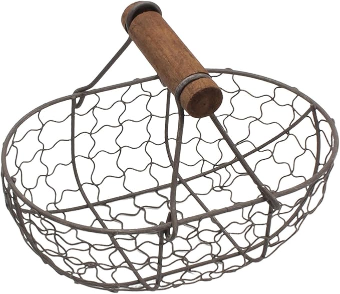 Farmhouse Egg Basket - Wooden Handle Container for collecting and storing eggs, versatile picnic farm bucket for children, boys, girls, outdoor use, perfect for camping, gardening, home eg