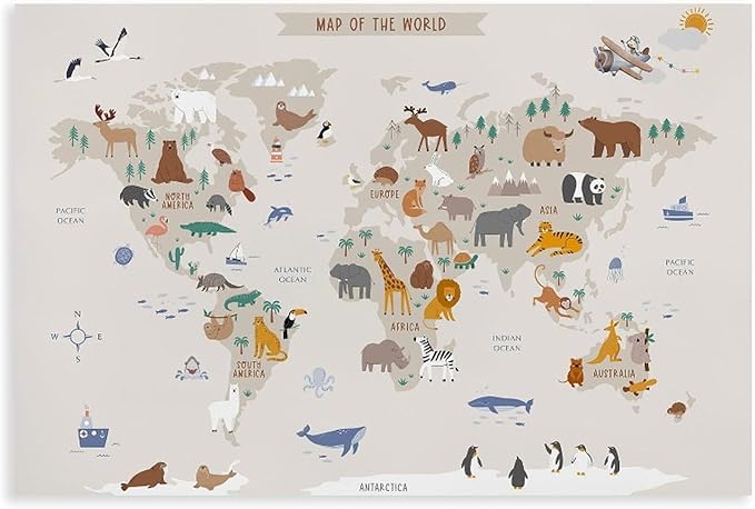KIPNG Kids World Map - Playroom Animal World Map - Nursery Educational Poster Canvas Poster Wall Art Picture Paintings for Living Room Bedroom Decoration Unframe-style12x18inch(30x45cm)