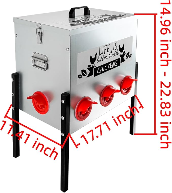 Automatic Chicken Feeder 50LB Large Capacity Poultry Feeders with 8 No Waste Feeding Ports Galvanized Metal Feeder Box with Adjustable Legs Locking Lid and Handles for Outdoor