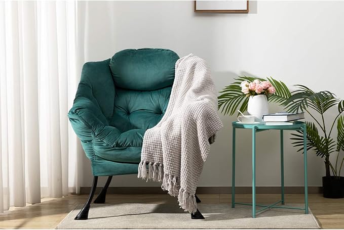 HollyHOME Modern Fabric Large Lazy Chair, Accent Oversized Comfy Reading Chair, Thick Padded Cozy Lounge Chair with Armrest, Leisure Sofa Chair for Living Room, Bedroom, Dorm, Dark Atrovirens