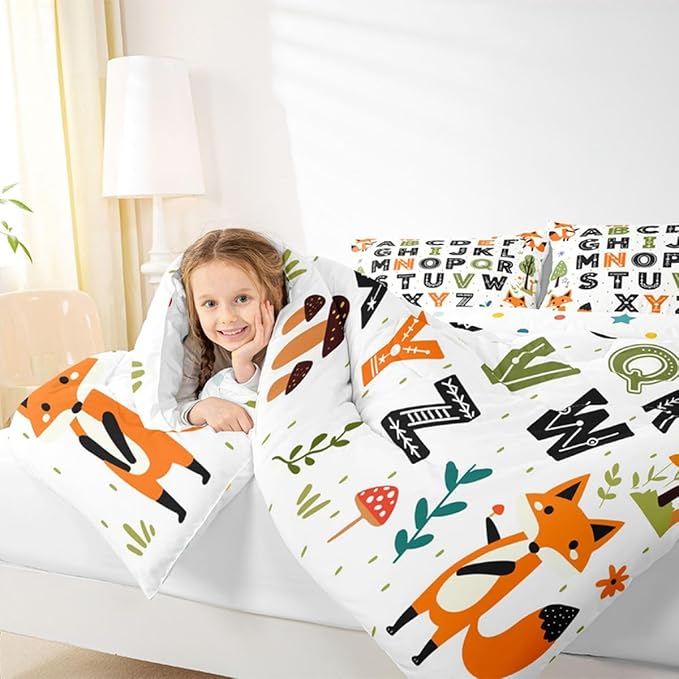 Feelyou Educational Nursery Art Comforter Set King Size Alphabet Kids ABC Learning Bedding Set for Kids Boys Girls Cute Fox Duvet Quilt Woodland Animals Bedroom Decor 3 Pcs with 2 Pillow Cases
