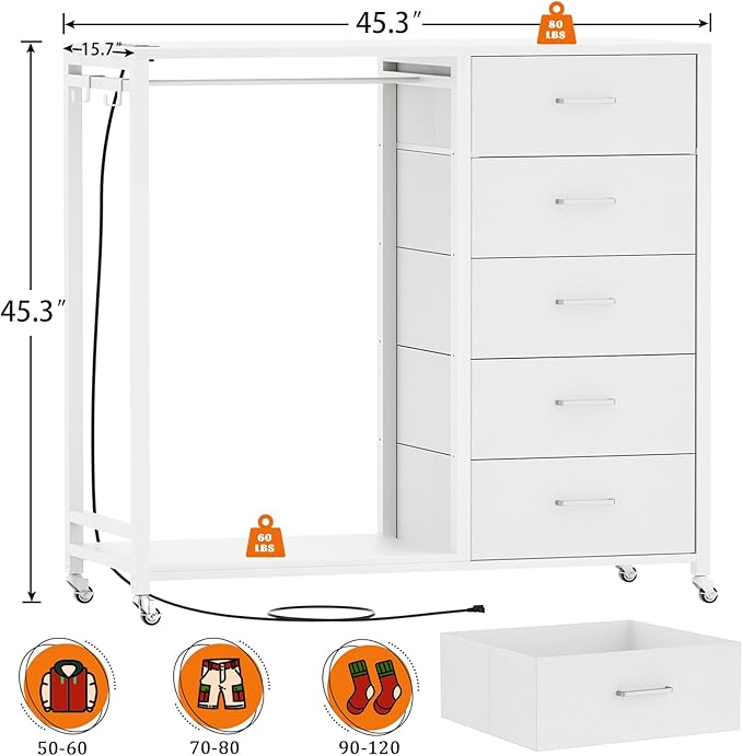 Cyclysio Dresser for Bedroom with Clothes Rack, 5 Fabric Drawers Dresser with Charging Station & LED Lights, White Storage Chest of Drawers with Wheels, Wooden Top, Lockable Wheels, Closet, White