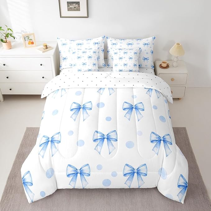 7 Pieces Blue Bowknot Kids Comforter Twin Size,Geometric Dots Bow Tie Patchwork Romantic Bedding Set,Bow Knot Princess Cute White Chic（Comforter+Fitted+Flat+2 Pillowcases+2 Throw Pillow Covers）