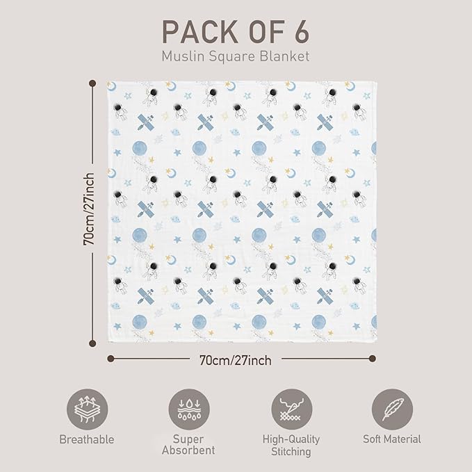 GLLQUEN BABY Receiving Blanket Boy Cotton Muslin Swaddle Blankets Girl Newborn Squares Breathable & Soft Thin Baby Blankets Cloths Double Absorbent Infant Swaddling Wrap - 6 Pack (Blue Astronaut)