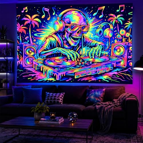 Blacklight Tapestry DJ Skeleton Wall Art 78 x 59 Inch