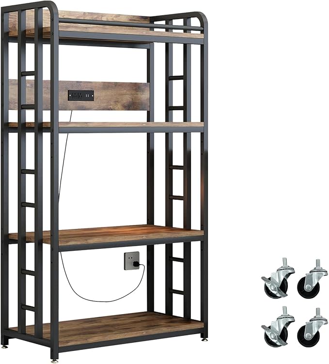 Adjustable 4-Tier Heavy Duty Kitchen Baker's Rack with Power Outlet, with Industrial Wheels, Free Standing Microwave Oven Cart Stand for Storage in Living Room, Garage, Rustic Brown