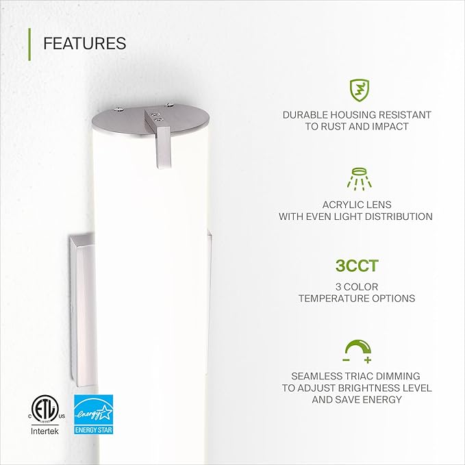 ASD LED 18" Vanity Wall Mount Light Fixture, Linear Bathroom Lighting Bar | 3CCT