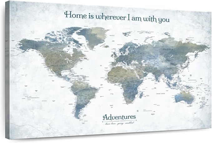 ElephantStock - Home With You II Push Pin World Map Wall Art - Horizontal Canvas Wall Art - Living Room Wall Decor - Digital Art Map Canvas Art - Blue And Gray Decor - 51" x 34"