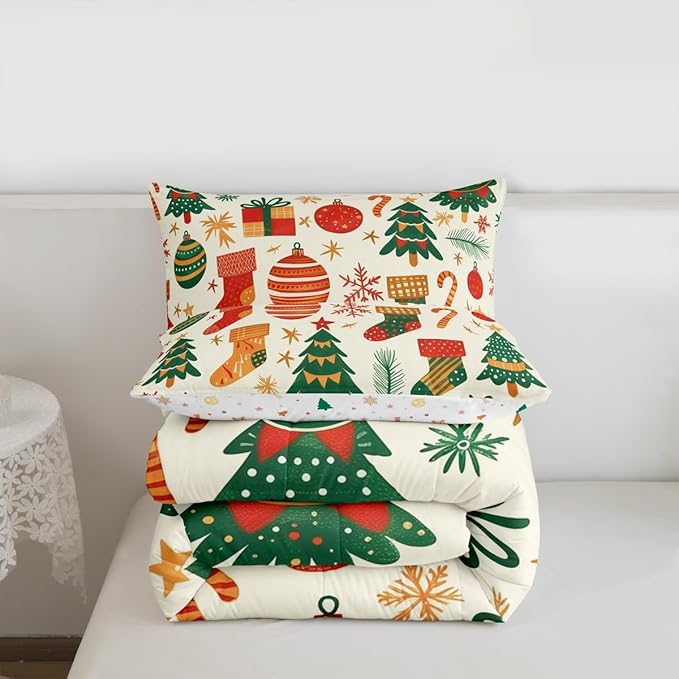 Feelyou Christmas Comforter Set All Season Xmas Tree Bedding Set with 2 Pillow Cases New Year Gift Microfiber Kids Full Bedclothes Christmas Stockings Bedroom Decor Duvet Quilt Breathable Soft