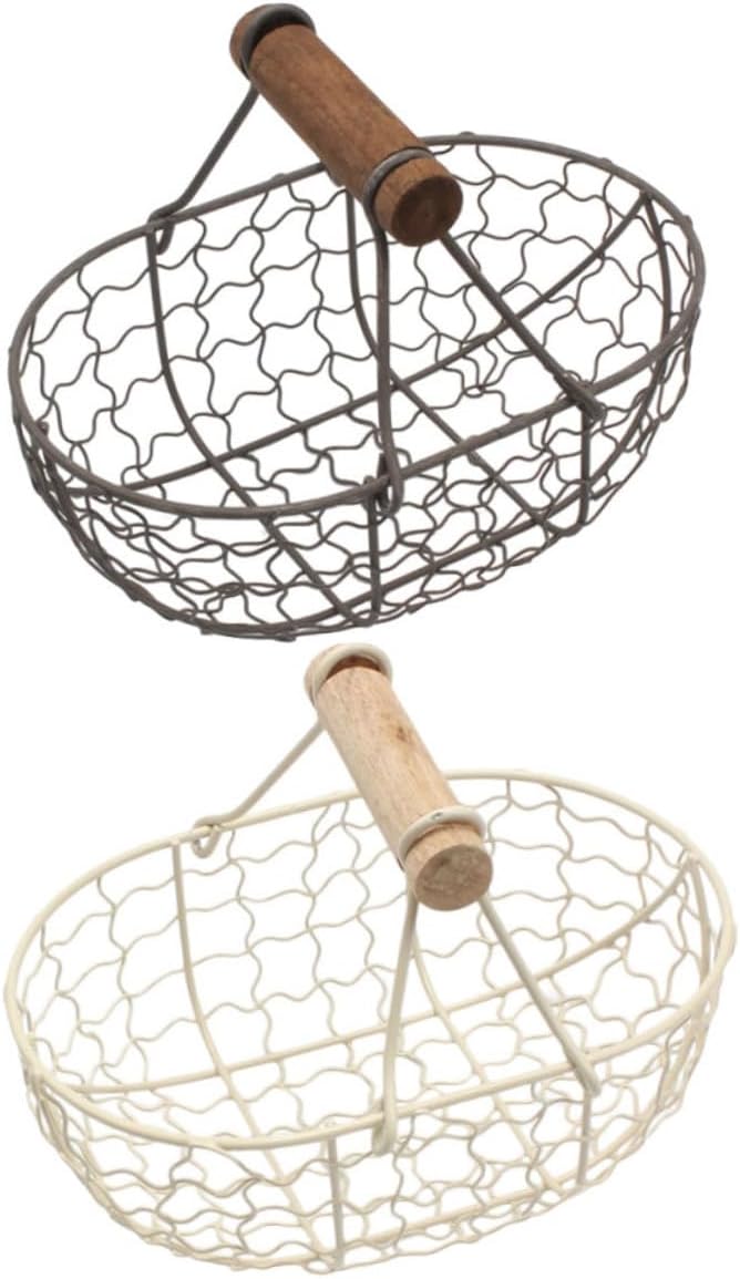2pcs Wire Egg and Bread Basket with Wooden Handle, Farmhouse Style Multi-function Fruit Storage Container for Kitchen Countertop and Pantry Organization