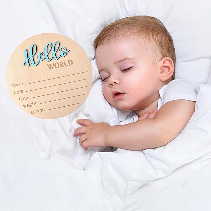 Baby Announcement Sign, 5.9 Inch Wooden Hello World Newborn Signs, Birth Announcement Sign, Baby Shower Hospital Nursery for Newborn Boys and Girls (Sky Blue,Pen)