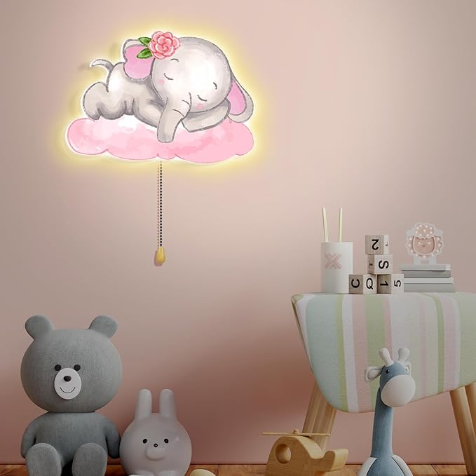 Elephant Night Light Wall Lamp Sleeping Nursery Lighting Cute Floating Battery Operated Hanging Lamp for Baby Boys Girls Bedroom Room Nursery Wall Decorations