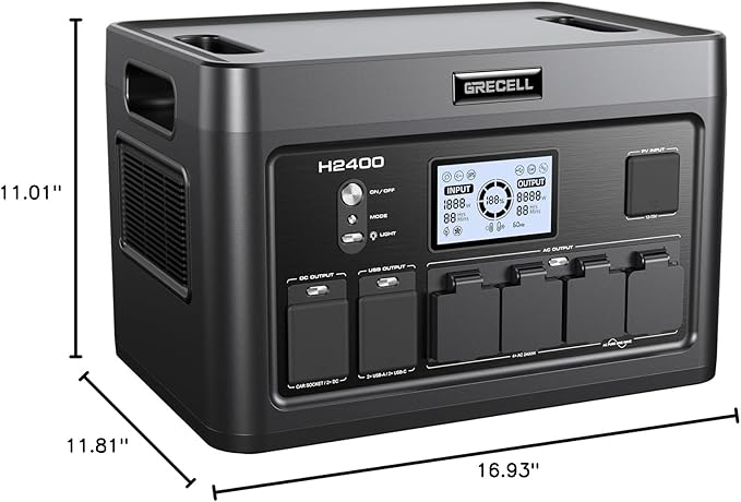 GRECELL Solar Generator 2400W Portable Power Station, 1843Wh UPS Backup LiFePO4 Battery Supply with 11 Outlets(4 2000W AC Outlets,2 PD100W), 2Hrs Quick Charge for Home Emergency RV Trip Van (H2400)