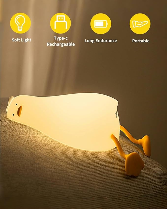 Cute Lazy Duck Night Light, Lazy Duck Lamp, LED Squishy Existential Crisis Duck, Rechargeable Dimmable Duck Light Laying Down with 30 Minutes Timer & Touch Control for Bedroom Living Room
