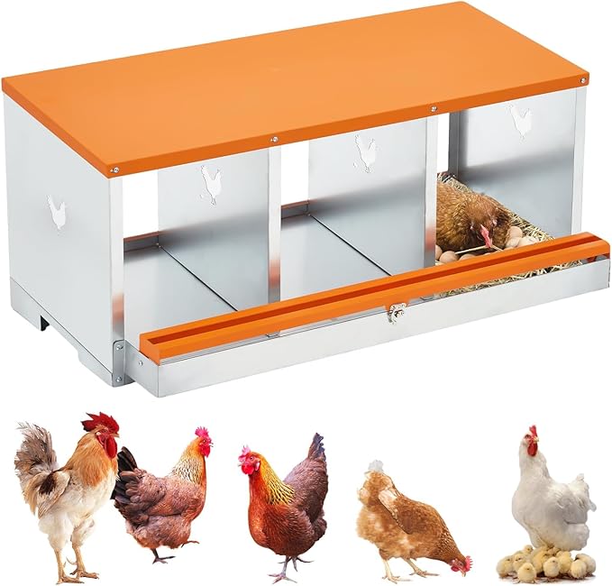3-Hole Chicken Nesting Box, Large Ventilated Galvanized Steel Laying Box with Compartments, Wall-Mounted, Easy Egg Collection & Cleaning, Roll Away Nest Box for Coop - Orange