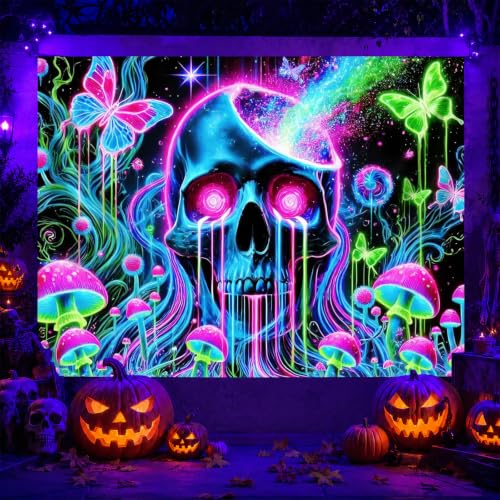 Blacklight Tapestry Skull Butterfly Room Decor 78 x 59 Inch