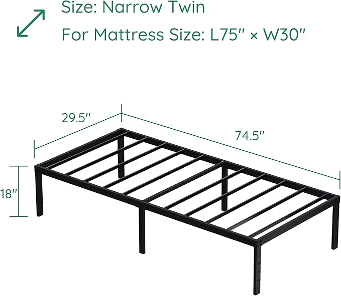 18 Inch Narrow Twin Bed Frames Heavy Duty No Box Spring Needed Metal Platform with Maximum Storage, Easy Assembly, Noise Free, Black