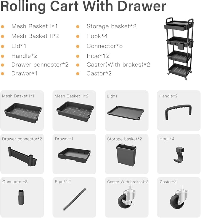 4 Tier Rolling Cart Organizer,Art Craft Diaper Bedside Snack Laundry Room Bathroom Organizer Narrow Thin Slim Rolling Trolley Utility Cart with Wheels for Kitchen,Office(Black)