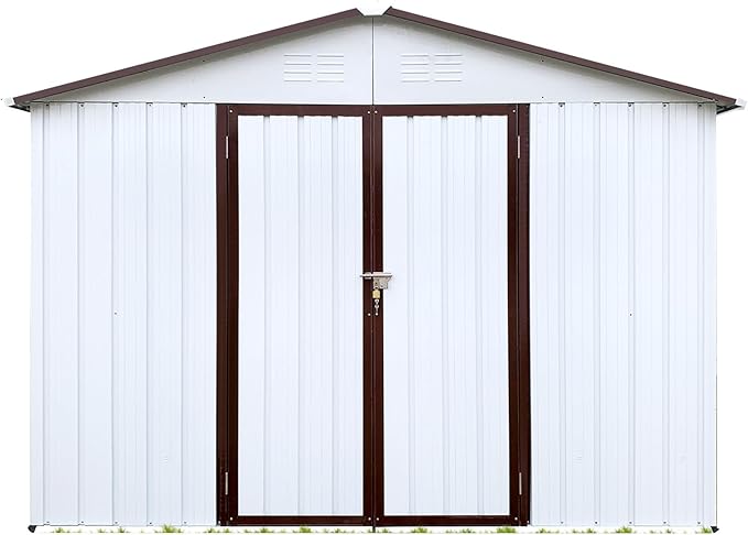 Storage Shed 8ft×6ft Classic Apex Roof Tool Shed Outdoor Storage Metal Garden Storage Sheds Tool Cabinet with Hinged Door Syste for Backyard, Patio, Poolside, White +Offee