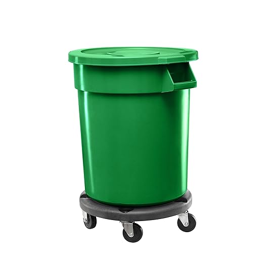 Feed and Seed Storage Container, 55 Gallon Green Round Commercial Trash Can with Lid and Dolly, Food Storage Plastic Bin, Use in Agricultural, Gardening, or Household