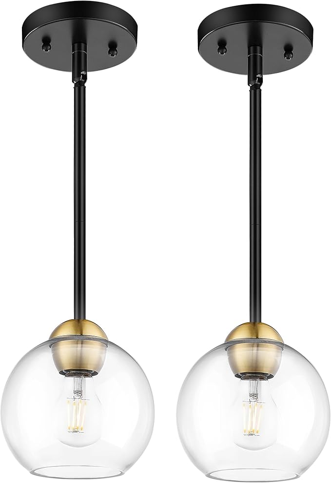 Emak 2 Pack Black and Gold Pendant Light Fixtures, Modern 7 Inch Globe Pendant