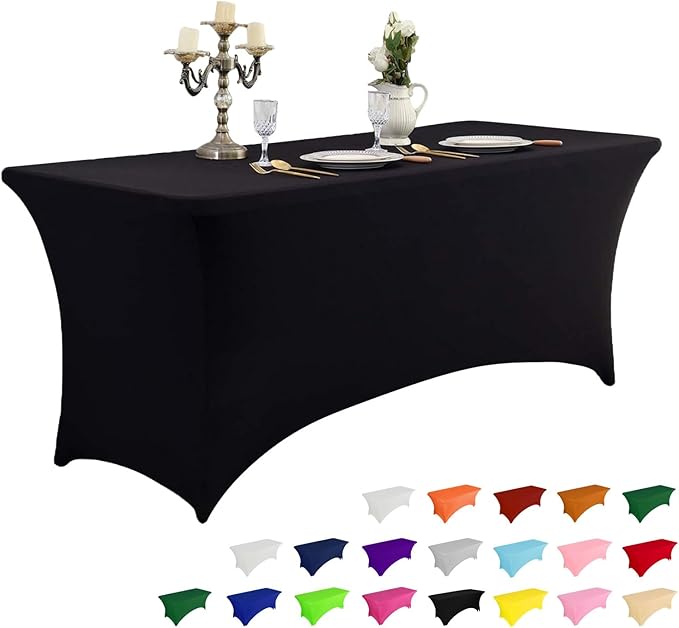 IVAPUPU 8FT Spring Table Cloth for Rectangular Fitted Events Stretch Black Table Covers Washable Cover Spandex Tablecloth Protector for Party, Wedding, Cocktail, Banquet, Festival