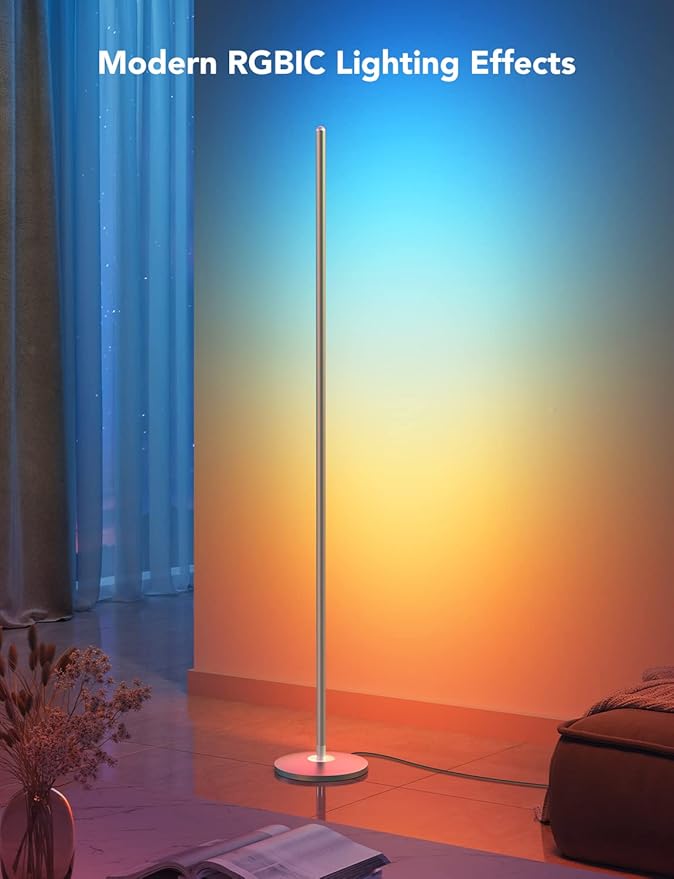 Govee RGBIC Floor Lamp, LED Corner Lamp Works with Alexa, Smart Modern Floor Lamp with Music Sync and 16 Million DIY Colors, Color Changing Standing Lamp for Bedroom Living Room Silver