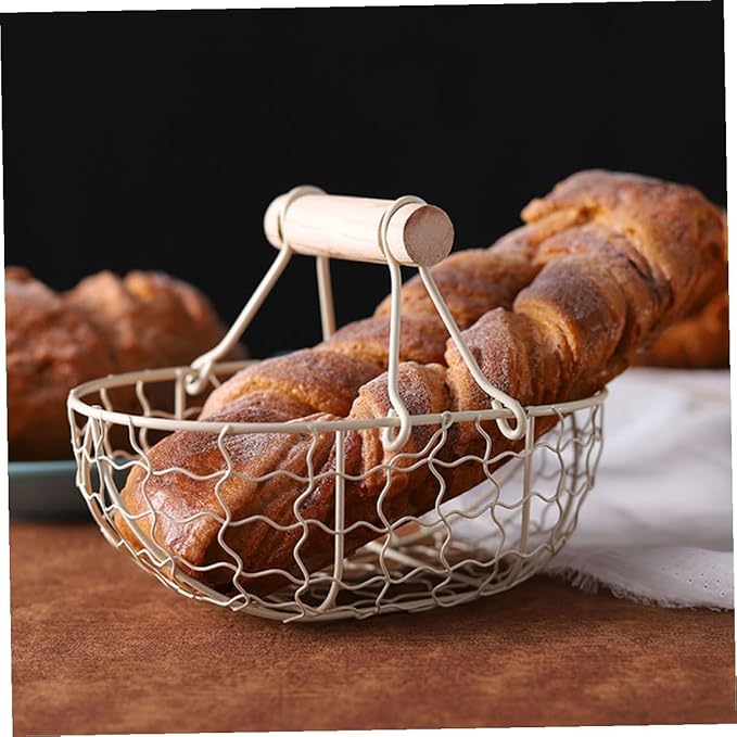 2pcs Retro Farmhouse Style Storage Baskets with Wooden Handles, Vintage Metal Wire Fruit and Vegetable Organizer for Kitchen Pantry, Snack and Egg Holder Set