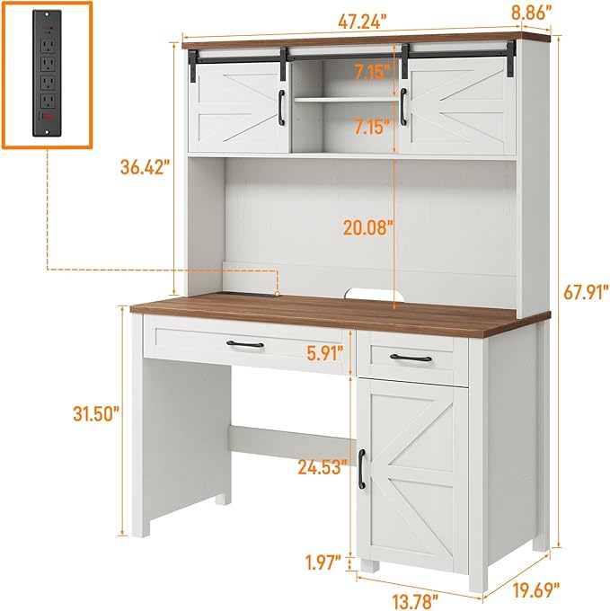Farmhouse 47" Executive Desk, Computer Desk with Drawers and Storage Cabinet, Home Office Desks with Hutch and Charging Station, Workspace for Work & Study (Unique White).