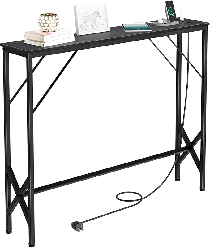 39.4" Console Table, Skinny Entryway Table with Fast-Charging Station, Narrow Long Sofa Table, Behind Slim Couch Table for Entrance, Hallway, Living Room Decor ST-BK100-1