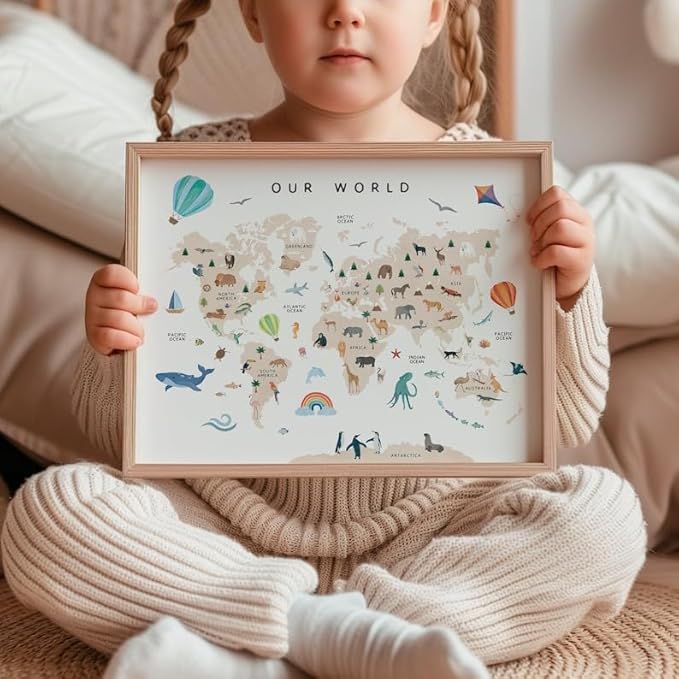OZCONO Animal World Map Poster, Kids Educational Geography Decor, Safari Animals Nursery Art, Montessori Learning Wall Print (Unframed) (24x36)