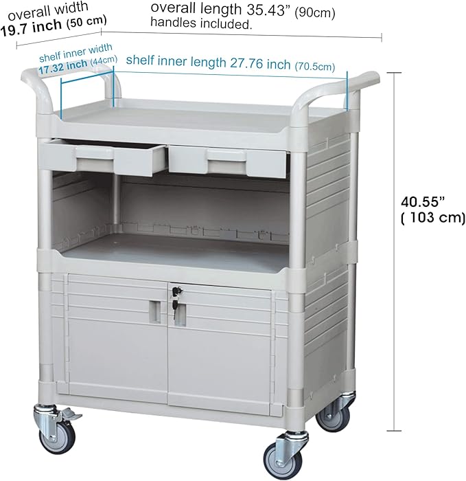JaboEquip, Larger 3 Shelf Heavy Duty Lockable Hospital cart Medical cart, Utility Cart 606 lbs for Medical, L34.43xD19.69 inch, Off-White (Light Grey) Color