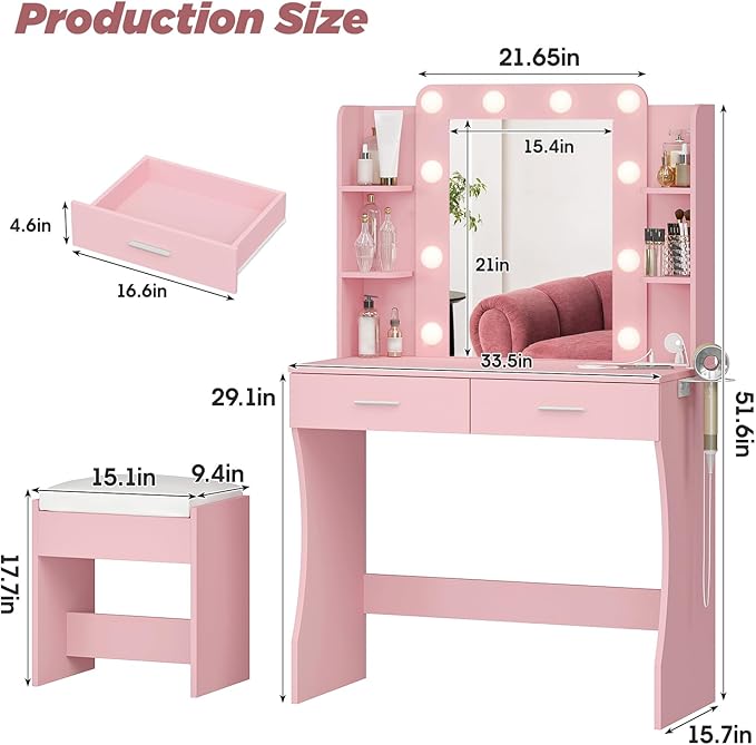 Vabches Vanity Desk with Lights,Makeup Vanity with Power Strip,Dressing Table Set with 2 Large Drawers,Vanity Mirror 3 Lighting Color Adjustable,Pink