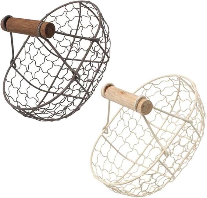 SUPVOX 2pcs Vintage Rustic Iron Wire Fruit Basket with Wooden Handle, Egg and Bread Storage Set for Kitchen Counter, Decorative Farmhouse Style Small Wire Baskets in Dark Gray and Cream