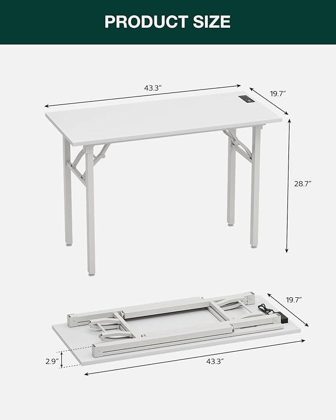 Frylr Small Folding Computer Desk – 43.3 Inch Portable Table for Craft and Study, Lightweight Desk for Small Spaces, Foldable Laptop Table Built-in AC/USB Outlets for Convenience, White