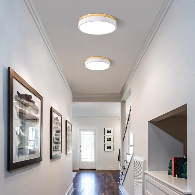 Dimmable Wood LED Ceiling Light Fixture, 5CCT 2700K-6000K Modern White Flush