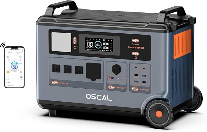 OSCAL PowerMax 6000 Solar Generator, 120/240V Split Phase Voltage 6000W AC Outlets (7200W Peak), 3600Wh Power Station Expandable to 57.6kWh, LFP Battery, 2200W/1.96H Fast Charging, Emergency for Home