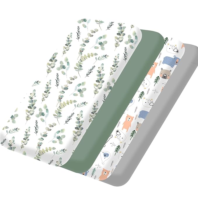 bimocosy Mini Crib Sheets,Pack and Play Sheets for Baby Boy Girl 4 Pack,Size 38"x 26" for Playard Mattress,Portable Mini Crib,Soft Pack N Play Sheets Fitted,Leaf/Bear/Gray/Green