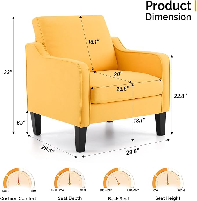 VINGLI Accent Chairs Set of 2 Living Room Chairs Yellow Reading Chair for Bedroom Scooped Arm Chair Mid Century Modern Accent Chairs Upholstered Comfy Chair for Apartment, Waiting Room