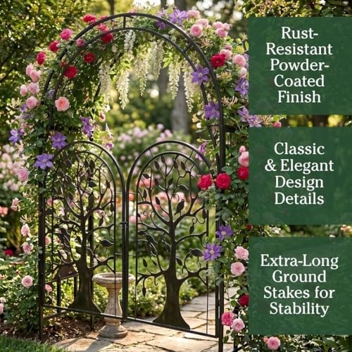 Metal Tree of Life Arched Garden Arbor with Gate